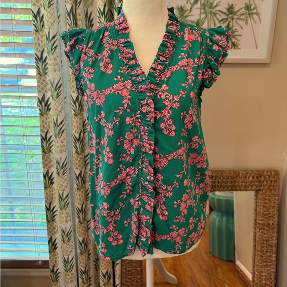 JCREW Floral Sleeveless Ruffle Top Green Pink Button Up Vneck Flutter Sleeve - Picture 3 of 8